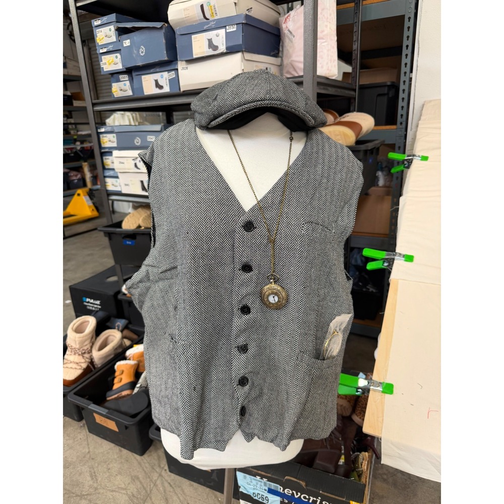 Mens Herringbone Vest and Newsboy Cap Set Black White Chevron XL 100% Cotton